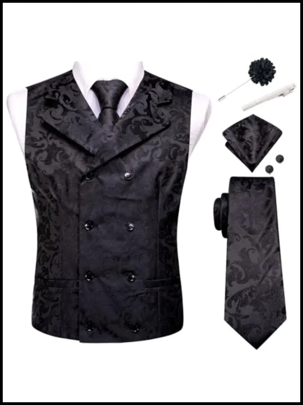 Men's Double Breasted Suit Vest 6 Piece Set with Tie Cufflinks Lapel Pin